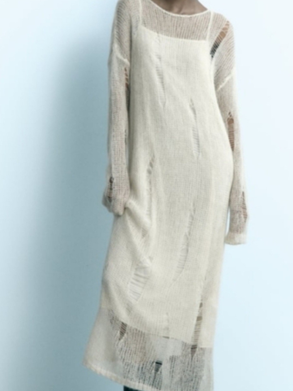 ZARA Wool & Alpaca Blend Distressed Open Knit Midi Dress Cream S